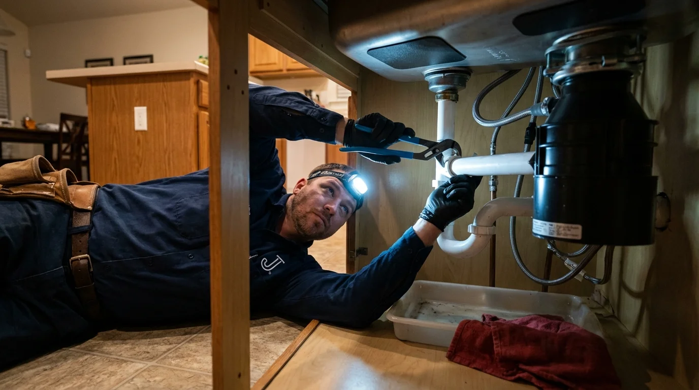 P-trap and supply line connections under a kitchen sink showing a common leak point in Cidra, PR